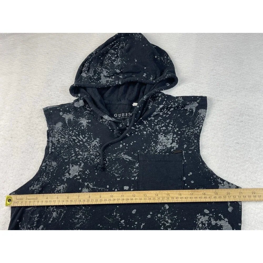 Guess Men’s Medium Black Sleeveless Hoodie Gray Splattered Paint Design - Picture 4 of 9